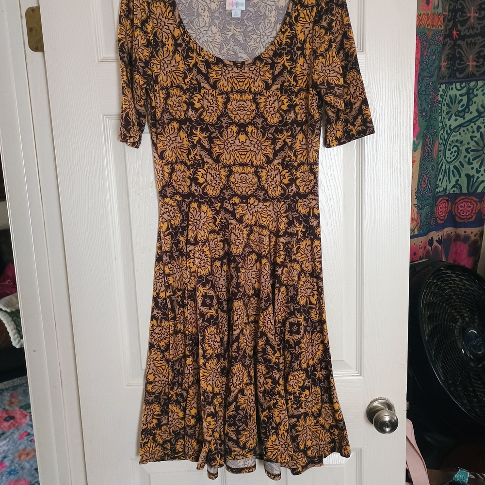 LuLaRoe Black and Mustard Floral Fit-and-Flare Midi Dress